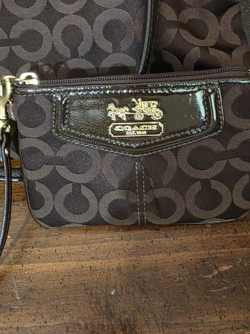 Coach Brown Signature Tote with Dark Leather Trim w matching wallet